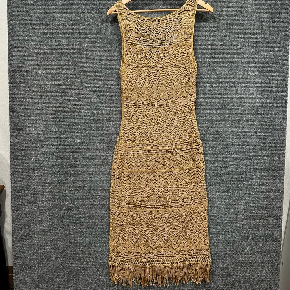 Lauren Ralph Lauren crochet linen beach cover up dress LARGE fringe tan gold - Picture 6 of 8